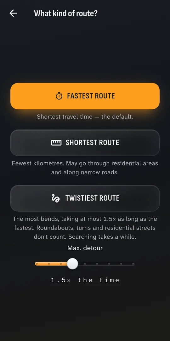 Fastest, shortest or twistiest route