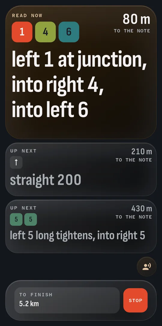 Co-driver mode: large notes for the passenger