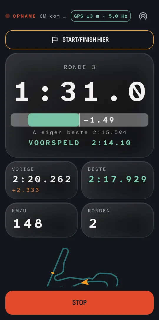 Live: rondetijd, delta en voorspelling